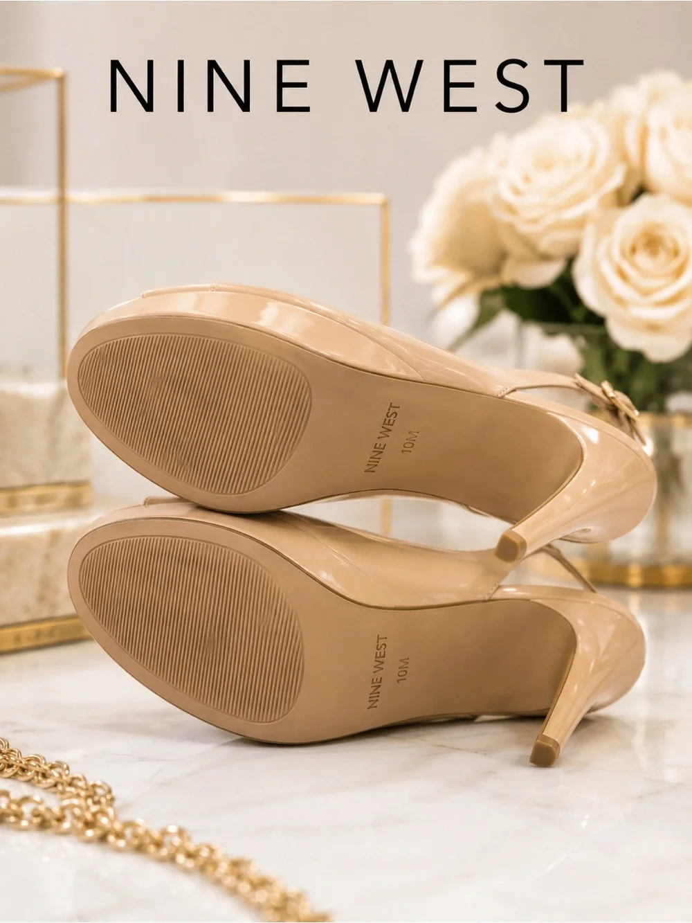 Nine West Pretta Nude Patent Peep Toe Slingback Platform Heels Size 10